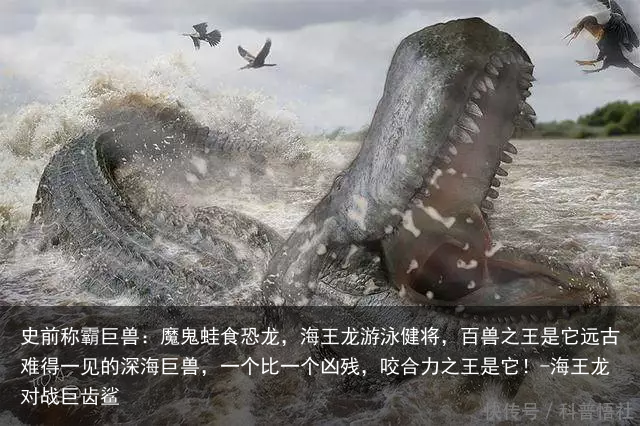 史前称霸巨兽:魔鬼蛙食恐龙,海王龙游泳健将,百兽之王是它远古难得一见的深海巨兽,一个比一个凶残,咬合力之王是它!-海王龙对战巨齿鲨