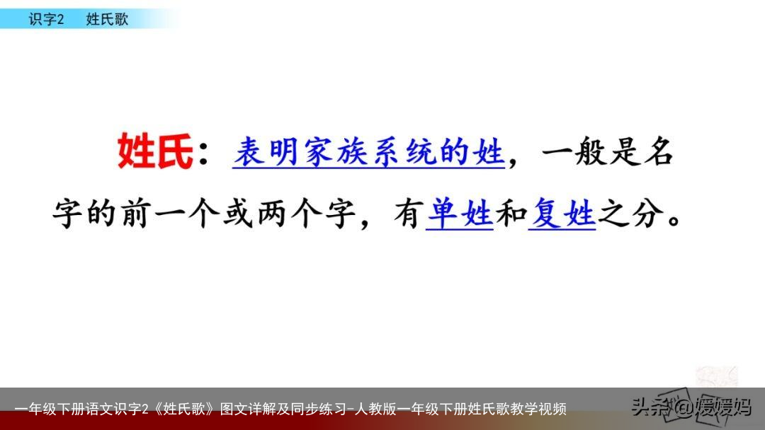 一年级下册语文识字2《姓氏歌》图文详解及同步练习-人教版一年级下册姓氏歌教学视频