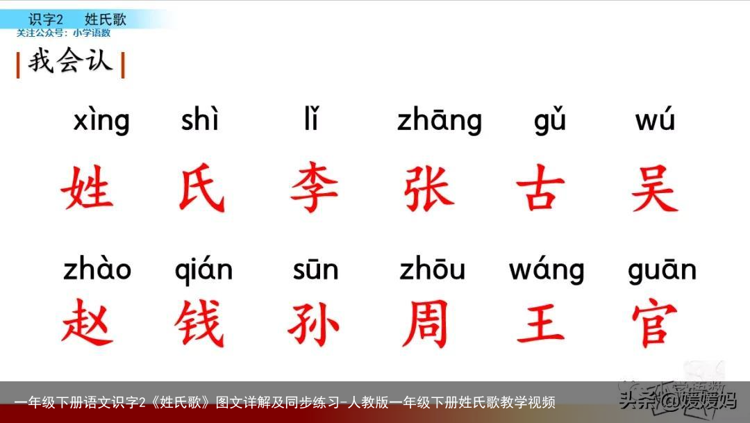 一年级下册语文识字2《姓氏歌》图文详解及同步练习-人教版一年级下册姓氏歌教学视频