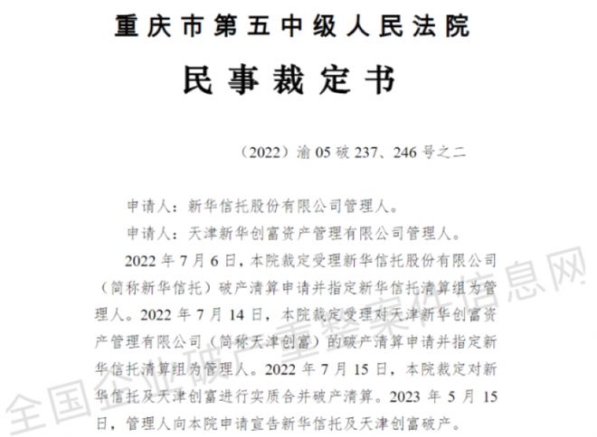 22年首家!法院裁定宣告新华信托破产,清算固有财产仅值29.84亿元