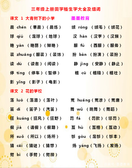 三年级语文田字格生字大全,生字注音、组词,孩子必备辅导资料!-三年级语文生字田字格书写图片