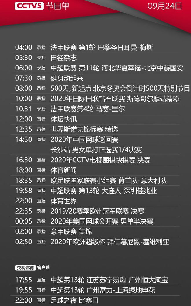 央视今日节目单,CCTV5直播中超+欧洲超级杯拜仁,5+转恒大和申花-央视节目单节目表今日