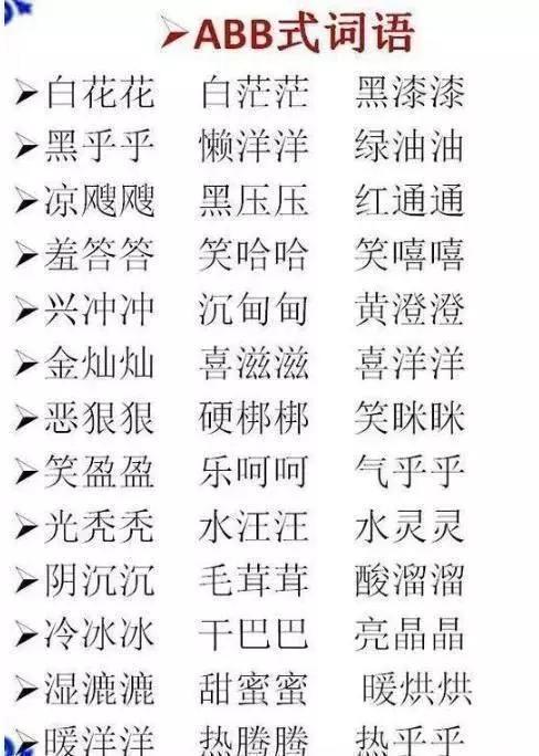 小学语文ABB+ABAB+ABCC+ABAC词汇大全!打印给贴墙背,次次100分-abab式的词语abac式的词语