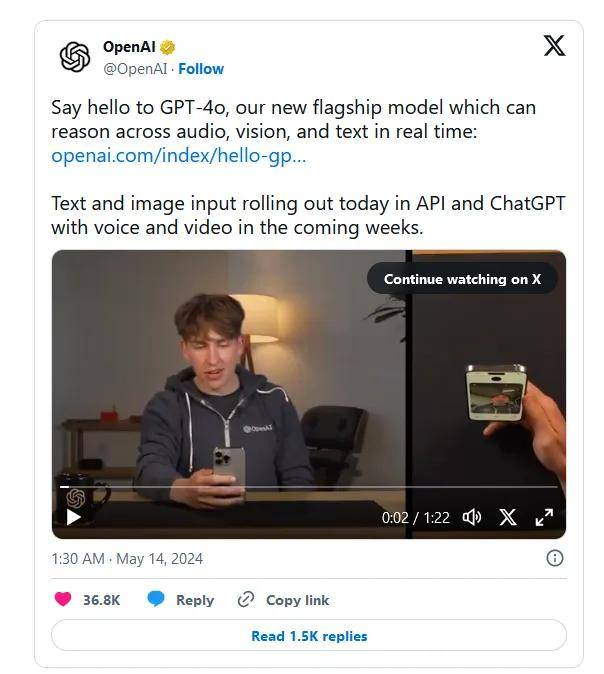免费!OpenAI推出GPT-4o主打实时响应