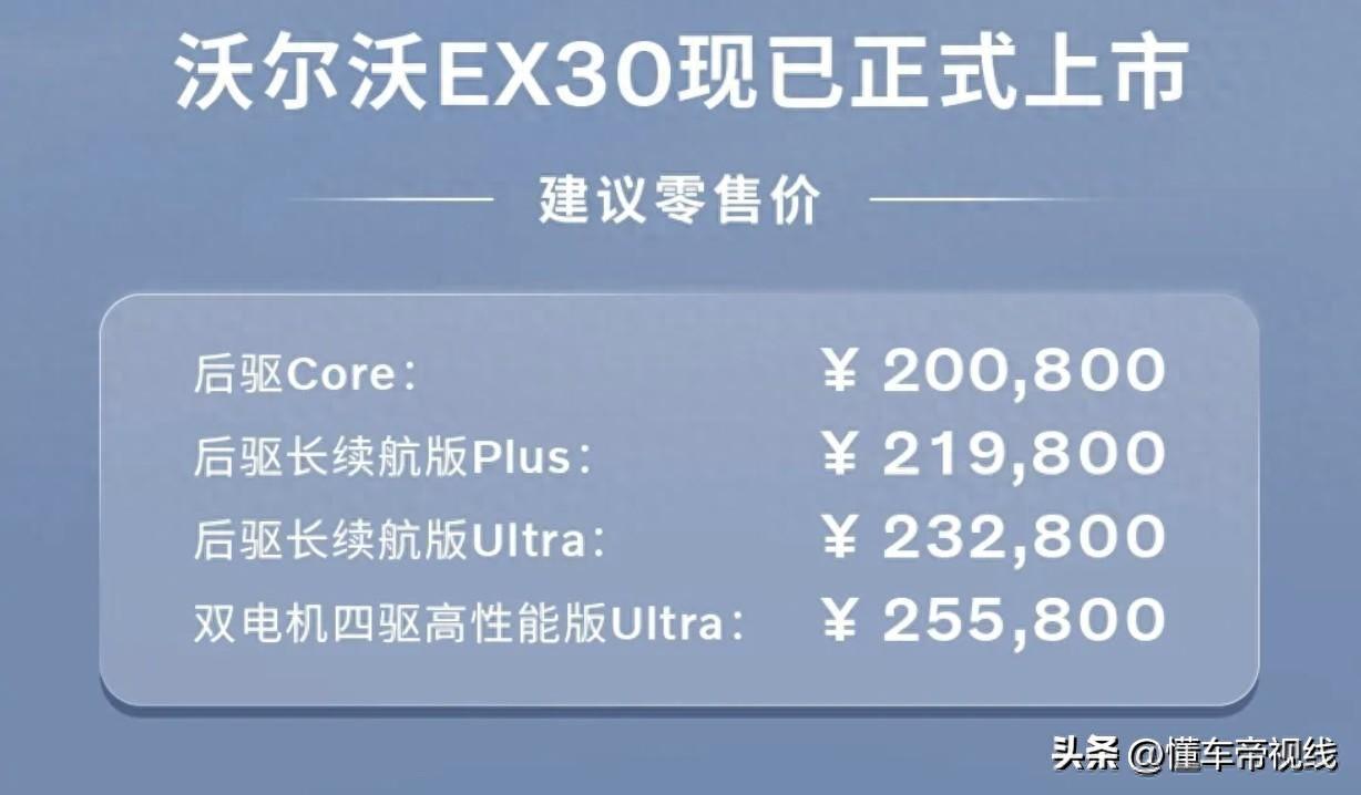 新车 | 20.08万元起,沃尔沃EX30正式开启交付,最高续航590公里-沃尔沃ec200价格