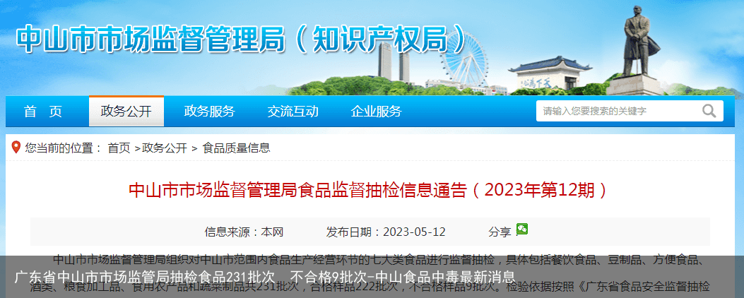 广东省中山市市场监管局抽检食品231批次  不合格9批次-中山食品中毒最新消息