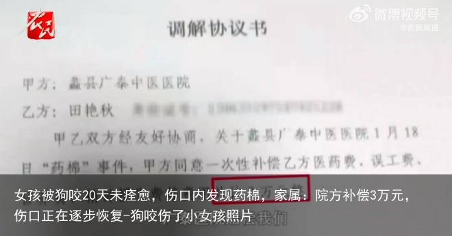 女孩被狗咬20天未痊愈，伤口内发现药棉，家属：院方补偿3万元，伤口正在逐步恢复-狗咬伤了小女孩照片