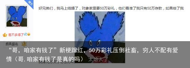 “哥，咱家有钱了”新梗蹿红，50万彩礼压倒社畜，穷人不配有爱情（哥,咱家有钱了是真的吗）