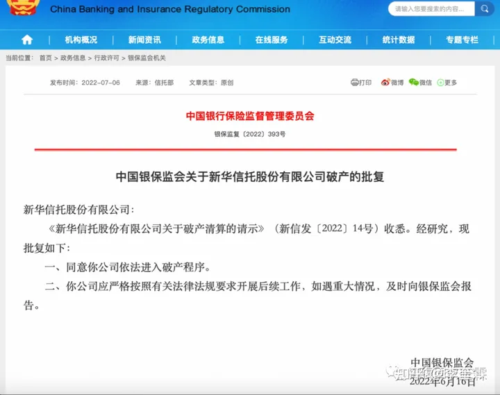 新华信托进入破产程序原因