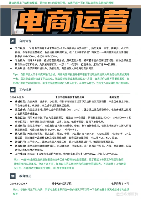 HR指导-电商运营求职优质简历模板简历范文可借鉴-电商运营应聘一般问什么问题