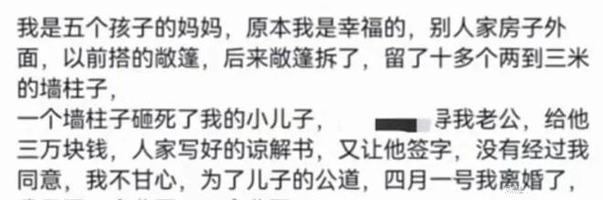 河南6岁孩童被砸身亡, 父亲私下收3万签谅解书, 妻子离婚坚决起诉-河南6岁男童