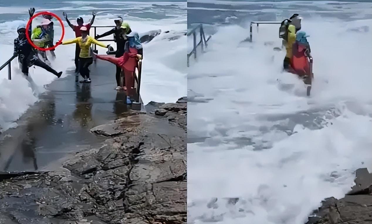 揪心！女子拍照打卡，却不幸被卷入海中（拍照打卡的打卡什么意思）