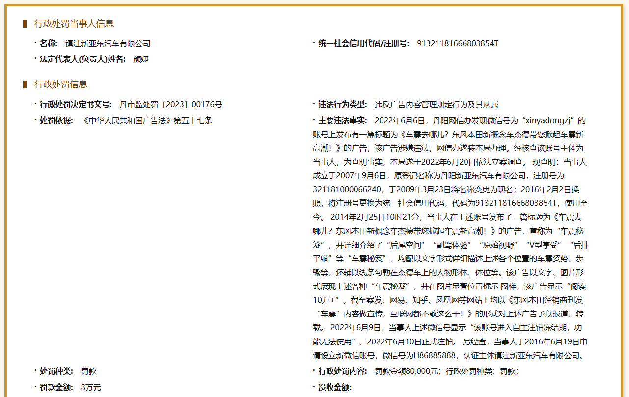 东风本田镇江一4S店用车震宣传新车，被罚8万-镇江广汽本田4s店有几家分店