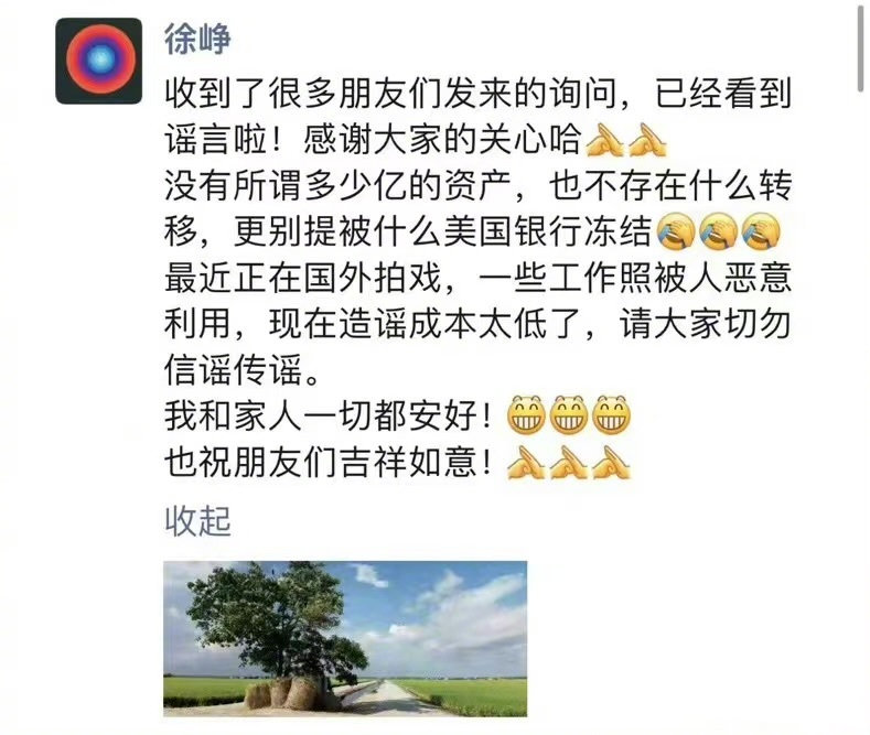 徐峥辟谣“出国转移8.2亿资产被冻结”：工作照被恶意利用（徐峥离职）