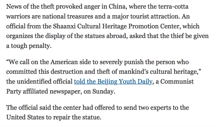 中国兵马俑在美被盗拇指，中外媒体是怎么报道的（兵马俑被盗事件）