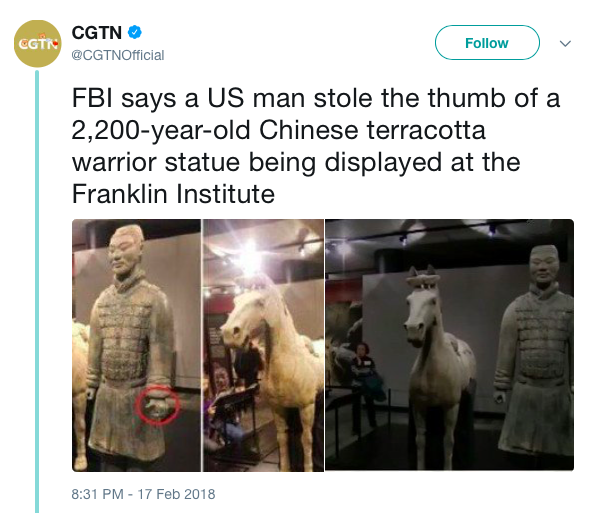 中国兵马俑在美被盗拇指，中外媒体是怎么报道的（兵马俑被盗事件）