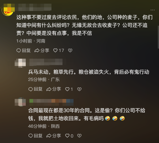 几十亩小麦被人开收割机偷割后续：官方通报，结果公布，评论炸锅