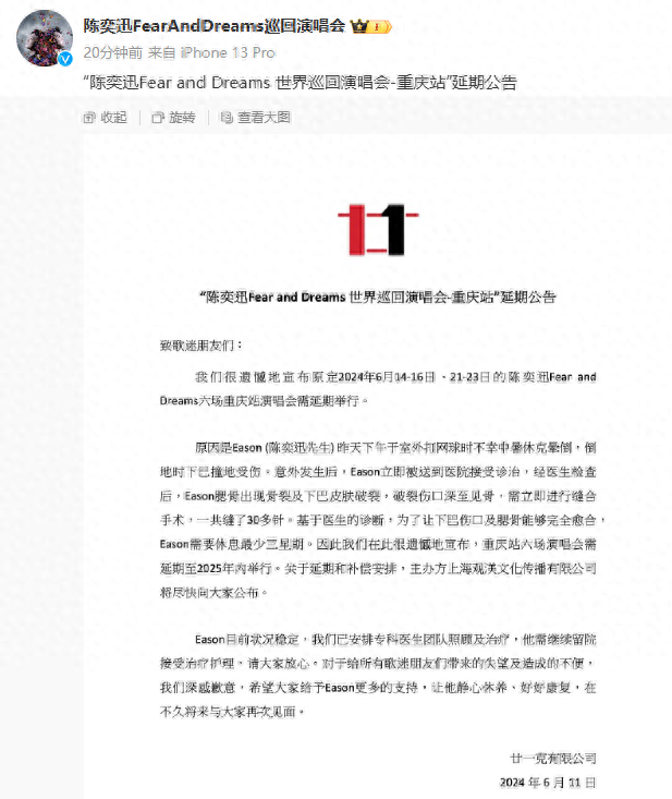 陈奕迅突发！打网球中暑休克晕倒，下巴缝了30多针！重庆演唱会宣布延期-陈奕迅舞台摔倒