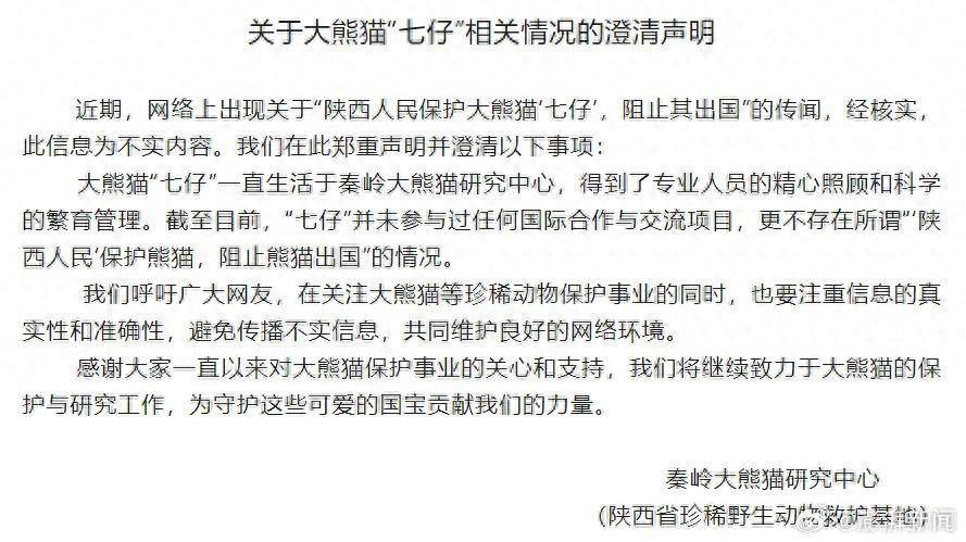 秦岭大熊猫研究中心：“陕西人民阻止‘七仔’出国”传闻不实-陕西秦岭大熊猫繁育基地官网