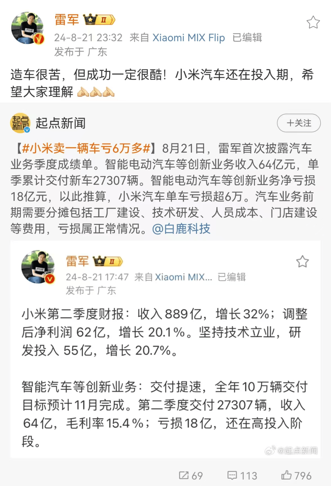 雷军回应“小米卖一辆车亏6万多”-小米造车雷军发言