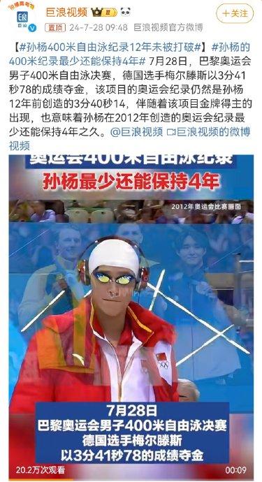 孙杨400米自由泳纪录12年未破，德国选手夺金仍差1秒-孙杨400米自由泳决赛