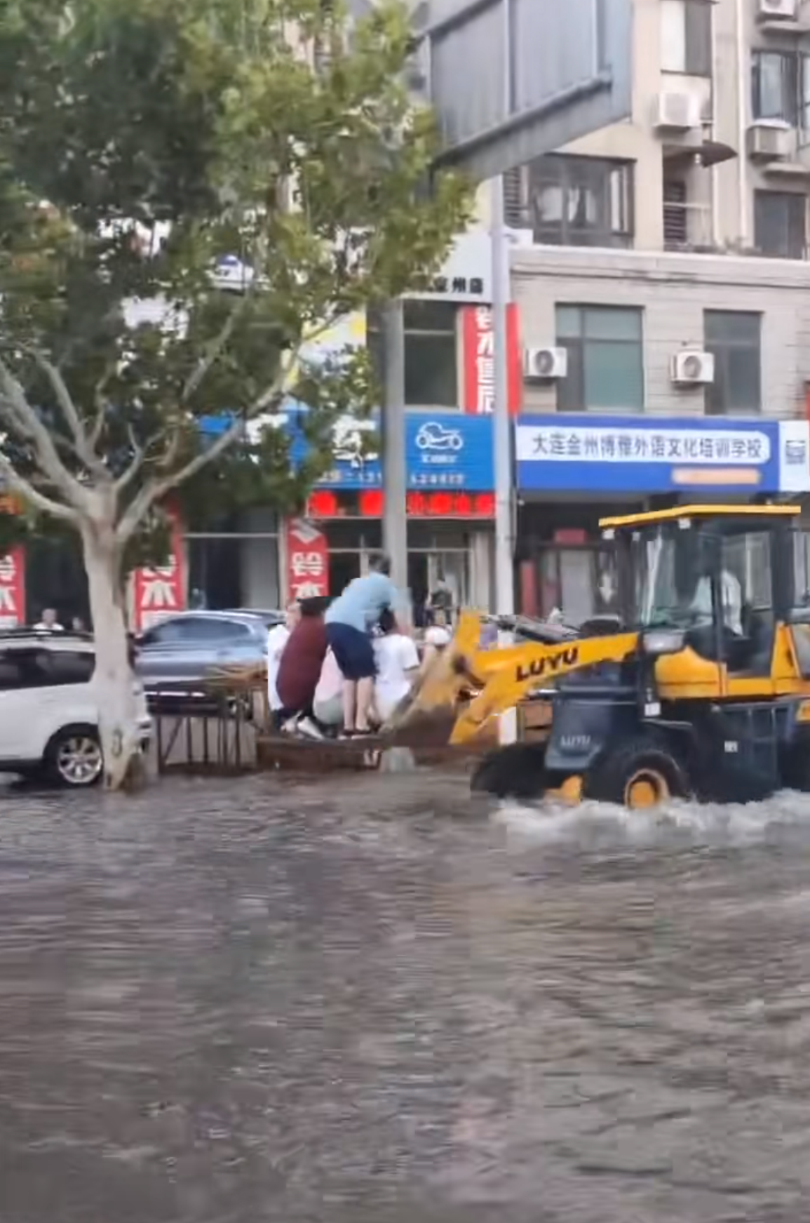 大连突降暴雨致2人意外死亡，市民：蹚水上班，积水深至大腿根，市政开挖掘机运人-大连暴雨视频